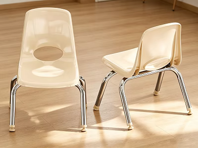 Beige Plastic Children's Chairs With Chrome Metal Legs And Round Seat Hole 3d model