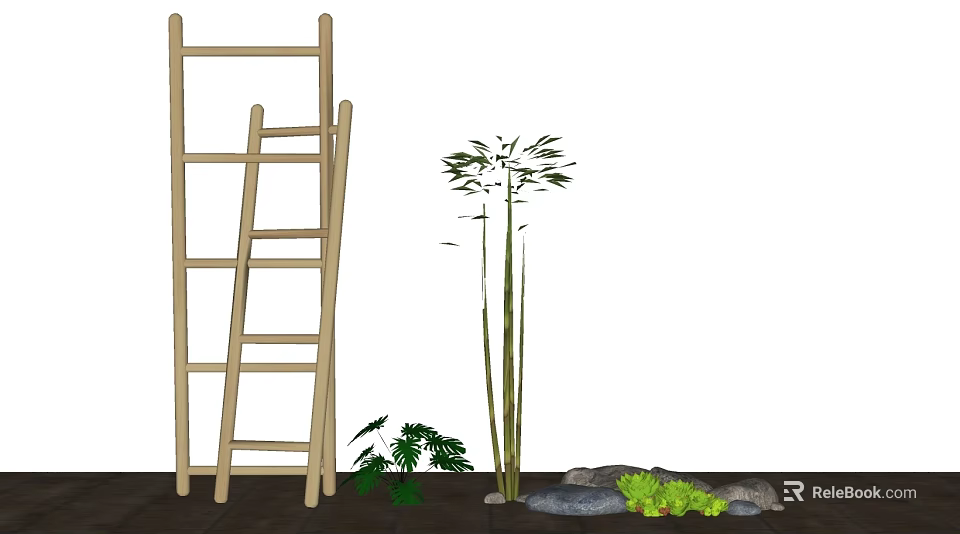Tall Bamboo Tree Standing With Wooden Ladder Stones And Green Plants In Outdoor Setting 3d model 