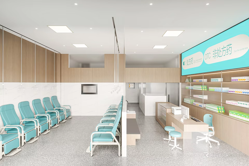 Modern Pharmacy Interior With Blue Waiting Chairs Medicine Shelves And Service Counter 3d model 