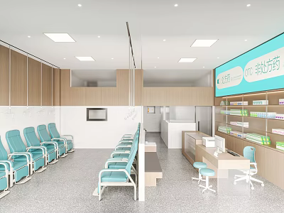 Modern Pharmacy Interior With Blue Waiting Chairs Medicine Shelves And Service Counter 3d model