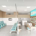Modern Pharmacy Interior With Blue Waiting Chairs Medicine Shelves And Service Counter