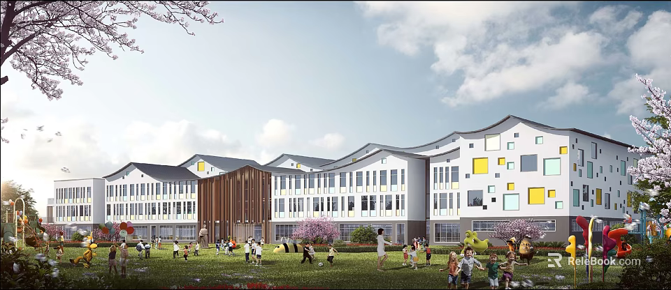 Modern School Building Exterior With White Walls Large Windows Green Lawn And Playing Kids 3d model 