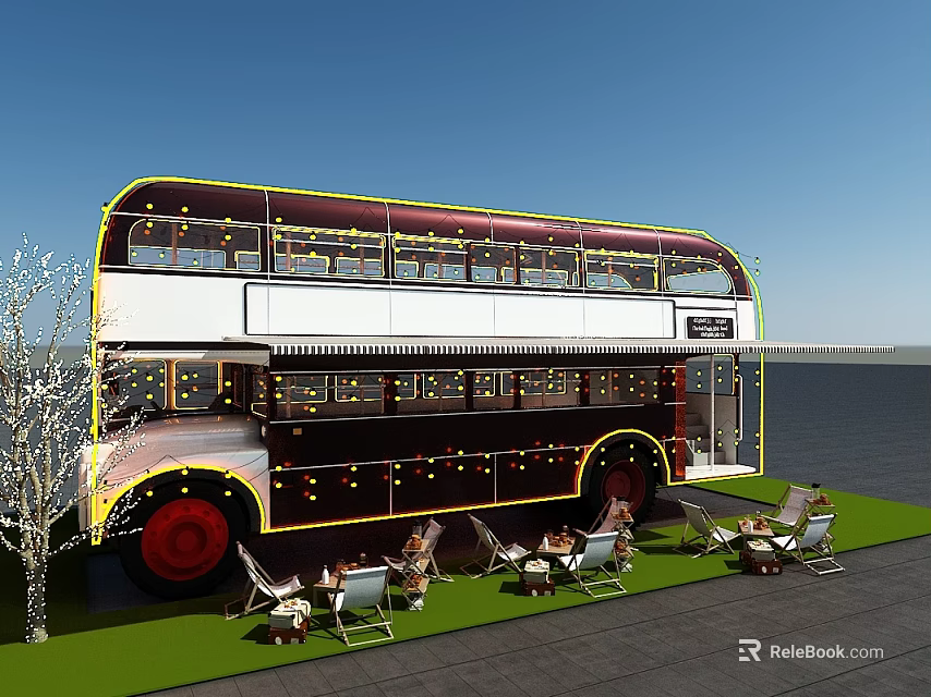 Double Decker Bus Transformed Into Outdoor Leisure Space With Seats Grass And Tree 3d model 