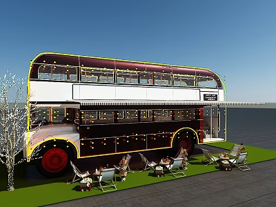 Double Decker Bus Transformed Into Outdoor Leisure Space With Seats Grass And Tree 3d model