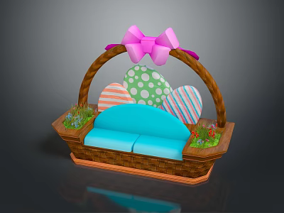 Basket Shaped Sofa Furniture With Pink Bow Colorful Eggs And Small Flowers 3d model