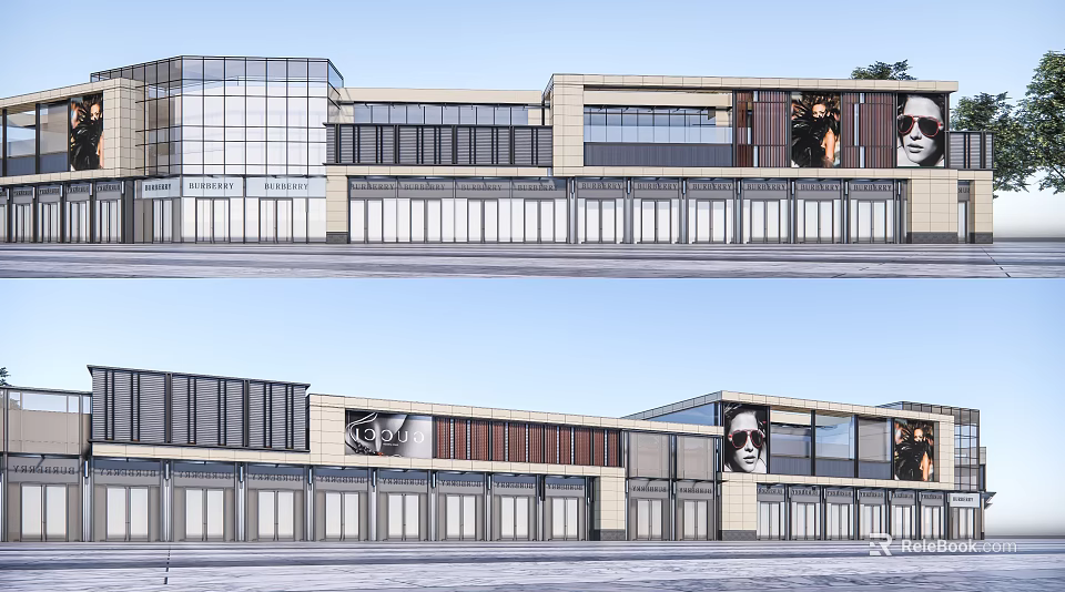 Modern Commercial Street With Glass Facade Storefronts Billboards And Architectural Design 3d model 