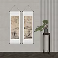 Traditional Chinese Landscape Scroll Paintings Hanging On Wall With Green Plant And Wooden Stand