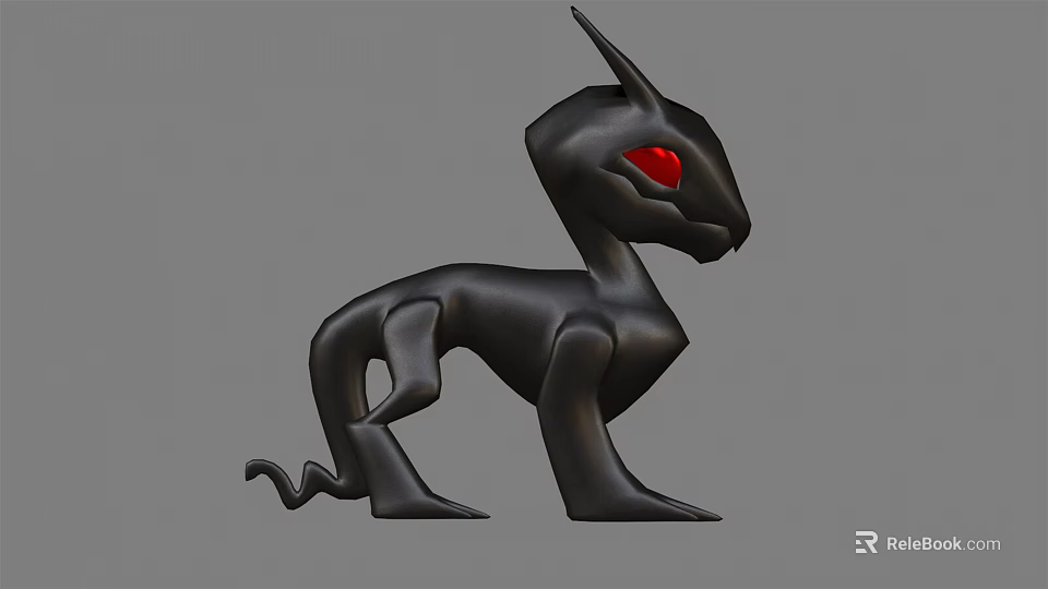 Black Mythical Creature with Pointed Ears Red Eyes and Curved Tail 3d model 