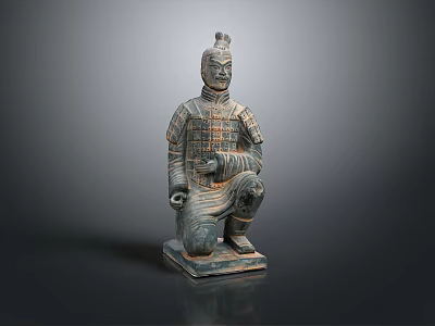 Ancient Terracotta Warrior Sculpture In Kneeling Posture With Intricate Armor Details And Ornate Headgear 3d model