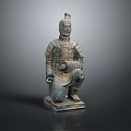 Ancient Terracotta Warrior Sculpture In Kneeling Posture With Intricate Armor Details And Ornate Headgear