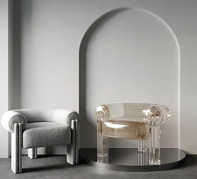 Modern Minimalist Accent Chairs Gray Fabric And Transparent Acrylic With Arched Gray Wall Design 3d model