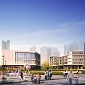 Modern school buildings with green roofs central courtyard sports field and landscaped areas