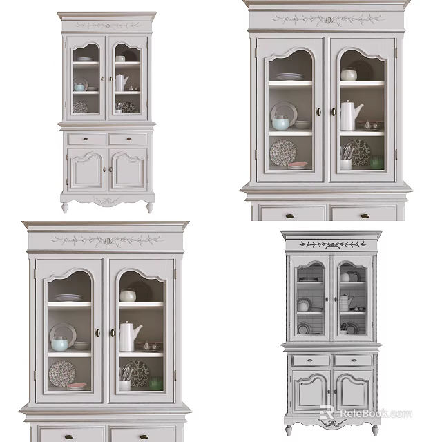 Classic White Sideboard With Glass Doors Carved Design Displaying Teacups And Plates 3d model 