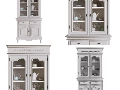 Classic White Sideboard With Glass Doors Carved Design Displaying Teacups And Plates 3d model