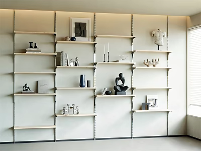 Modern White Wall Mounted Shelves Displaying Sculptures Books Vases and Decor Items 3d model