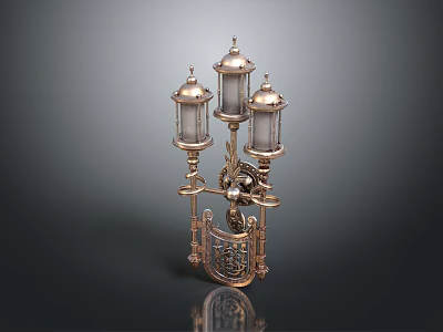 Vintage Style Wall Lamp With Three Glass Lanterns And Ornate Metal Base 3d model