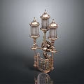 Vintage Style Wall Lamp With Three Glass Lanterns And Ornate Metal Base