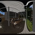 Garden Landscape Featuring Glass Canopy Wooden Lattice Lush Plants White Paved Floor And Seating Area
