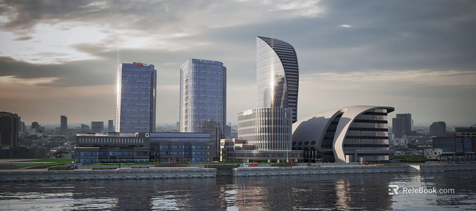 Modern Office Buildings With Glass Facades And Curved Tower Design By Waterfront 3d model 