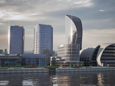 Modern Office Buildings With Glass Facades And Curved Tower Design By Waterfront 3d model