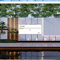 Modern Landscape Wall With Wooden Grille Design Pine Tree Small Lamps And Water Reflection