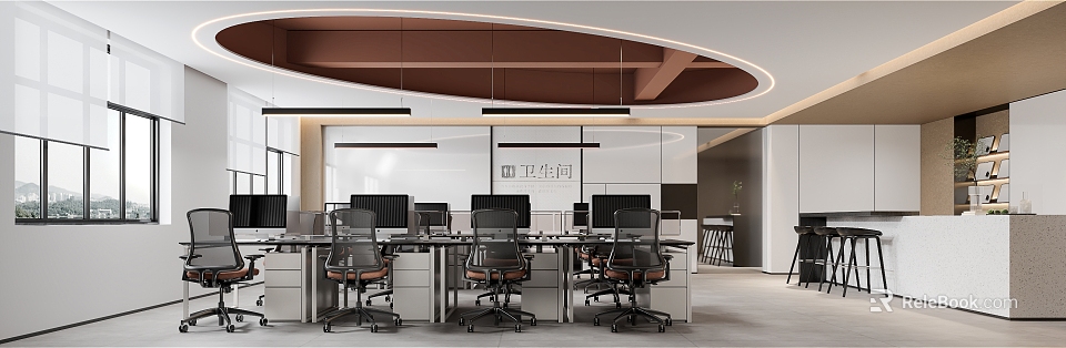 Modern Public Office Space Interior Design With Ergonomic Chairs Computer Monitors And Pendant Lights 3d model 