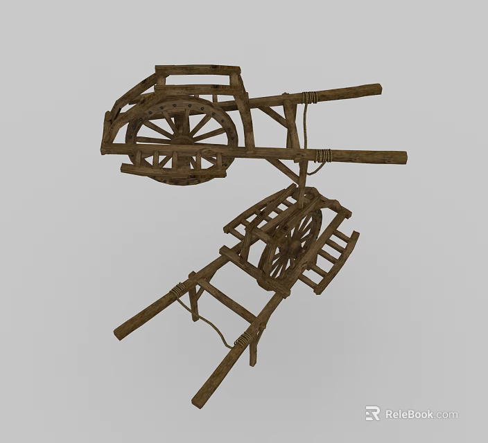 Rustic Wooden Garden Cart Ornament With Wheels And Classic Structure 3d model 