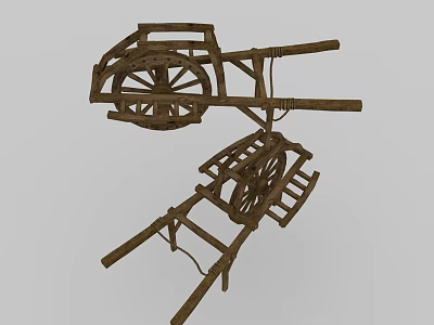 Rustic Wooden Garden Cart Ornament With Wheels And Classic Structure 3d model
