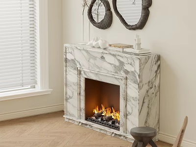 Marble Fireplace With Burning Fire Decorative Mirrors Window Blinds And Wooden Floor 3d model