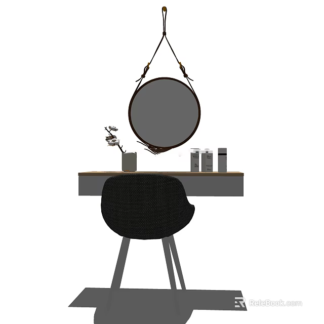Modern Dressing Table Interior With Hanging Round Mirror Chair And Decorative Bottles 3d model 