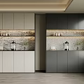 Modern Double Sideboard With Light Dark Grey Cabinets LED Lighting Stone Backsplash And Display Shelves