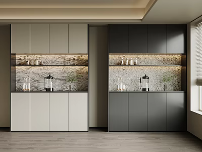 Modern Double Sideboard With Light Dark Grey Cabinets LED Lighting Stone Backsplash And Display Shelves 3d model