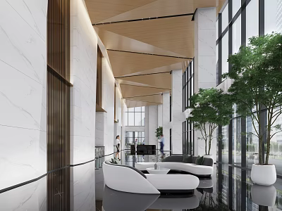 Modern Front Desk Reception Interior Design With Marble Counter Leather Sofa And Green Plants 3d model