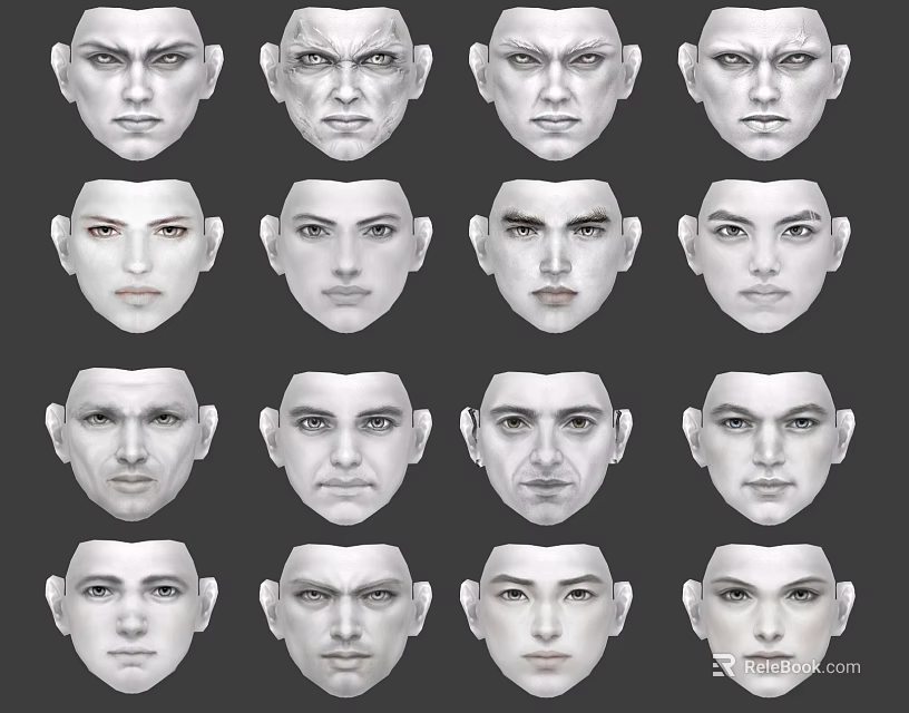 Multiple 3D Character Faces With Various Expressions In Grid Layout 3d model 