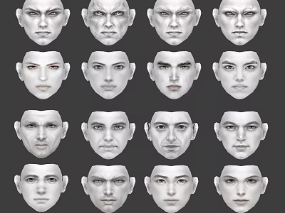 Multiple 3D Character Faces With Various Expressions In Grid Layout 3d model