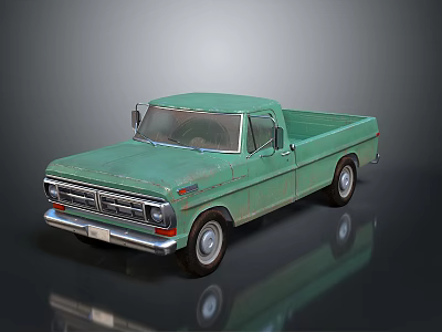 Vintage Green Old Classic Single Cab Pickup Truck Shiny Surface With Reflection 3d model