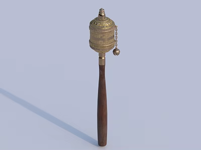 Brass Ornamental Decor Set With Wooden Handle Ornate Top And Hanging Bell For Home 3d model