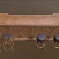 Wooden Bar Counter Design With Long Top And Matching Dark Bar Stools