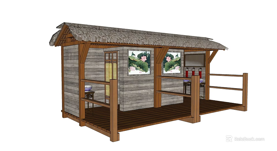 Traditional Wooden Cottage With Thatched Roof Deck Railings And Lotus Paintings 3d model 