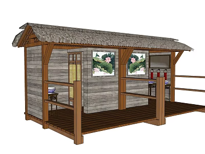 Traditional Wooden Cottage With Thatched Roof Deck Railings And Lotus Paintings 3d model