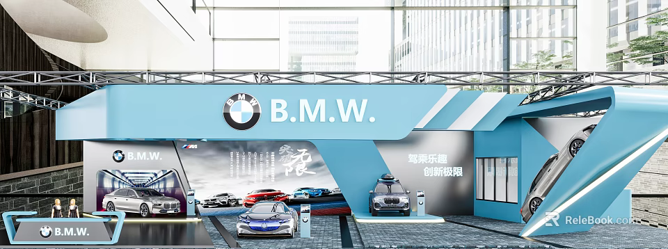 BMW Exhibition Booth Featuring Modern Blue Design Showcasing Luxury Cars And Charging Stations 3d model 