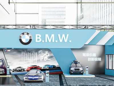 BMW Exhibition Booth Featuring Modern Blue Design Showcasing Luxury Cars And Charging Stations 3d model