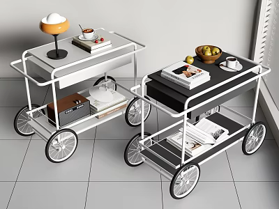 Modern Side Carts With Wheels Fruit Bowl Books And Table Lamp For Home Decor 3d model