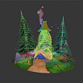 Charming Forest Cabin With Red Roof Log Decor Smoking Chimney And Two Tall Pine Trees