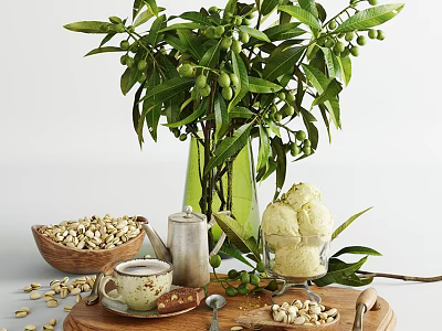 Pistachios Ice Cream Cookies And Tea Served On Wooden Tray With Olive Branches 3d model