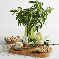 Pistachios Ice Cream Cookies And Tea Served On Wooden Tray With Olive Branches