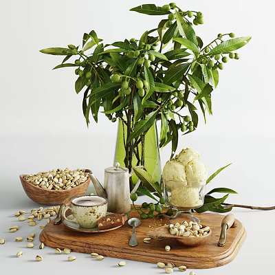 Pistachios Ice Cream Cookies And Tea Served On Wooden Tray With Olive Branches 3d model Pistachios Ice Cream Cookies And Tea Served On Wooden Tray With Olive Branches 3d model