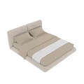 Modern Beige Double Bed With Upholstered Headboard Low Profile Frame And Striped Bedding 3d model