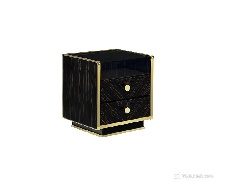 Dark Wooden Nightstand With Gold Trim Two Drawers And Gold Knobs 3d model 