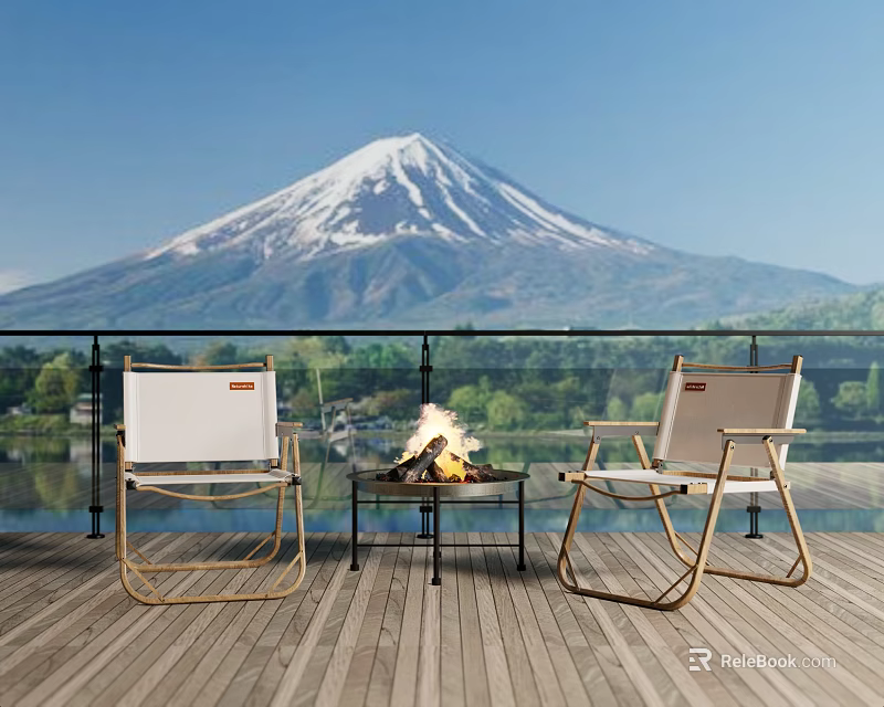 Comfortable Outdoor Lounge Chairs On Wooden Deck With Fire Pit And Mount Fuji Backdrop 3d model 